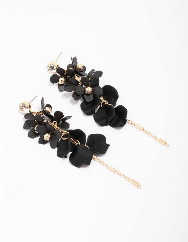 Gold & Black Petal Diamante Chain Drop Earrings