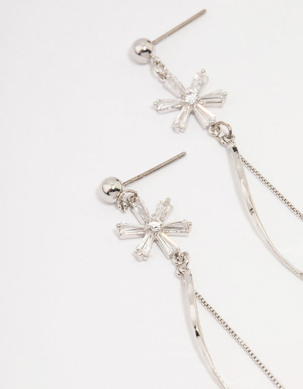 Silver Cubic Zirconia Double Flower Drop Earrings