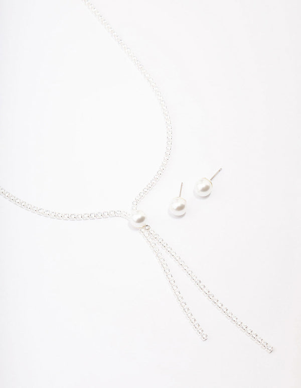 Silver Cubic Zirconia Lariat Necklace & Earring Set