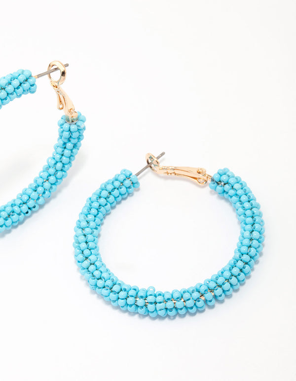 Gold & Blue Beaded Round Hoop Earrings