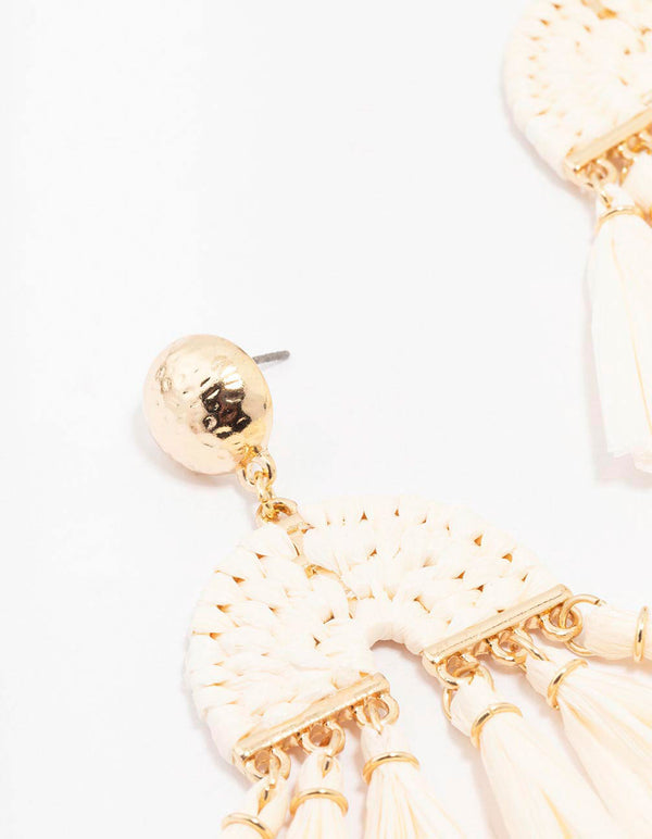Gold Raffia Tassel Drop Earrings