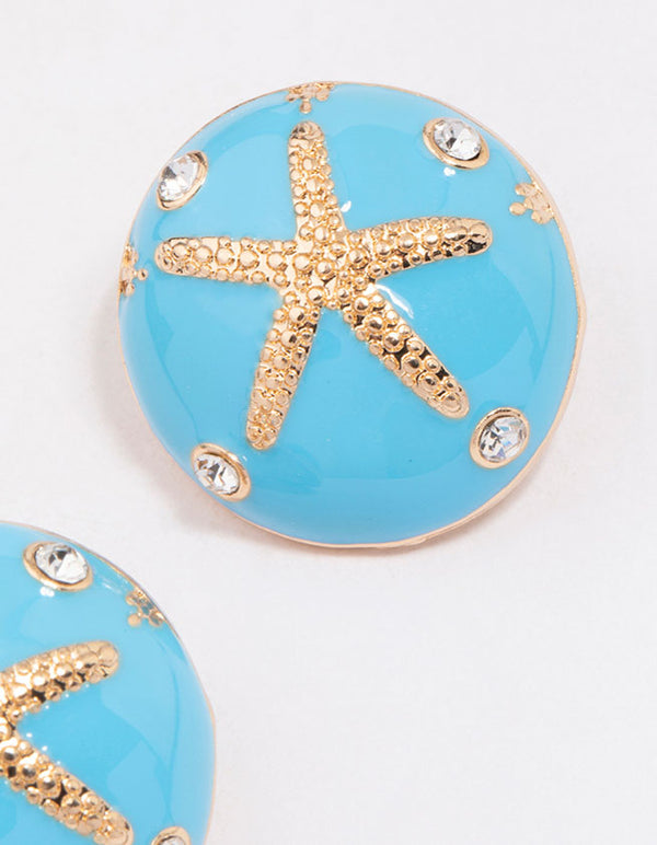 Gold & Blue Enamel Starfish Stud Earrings