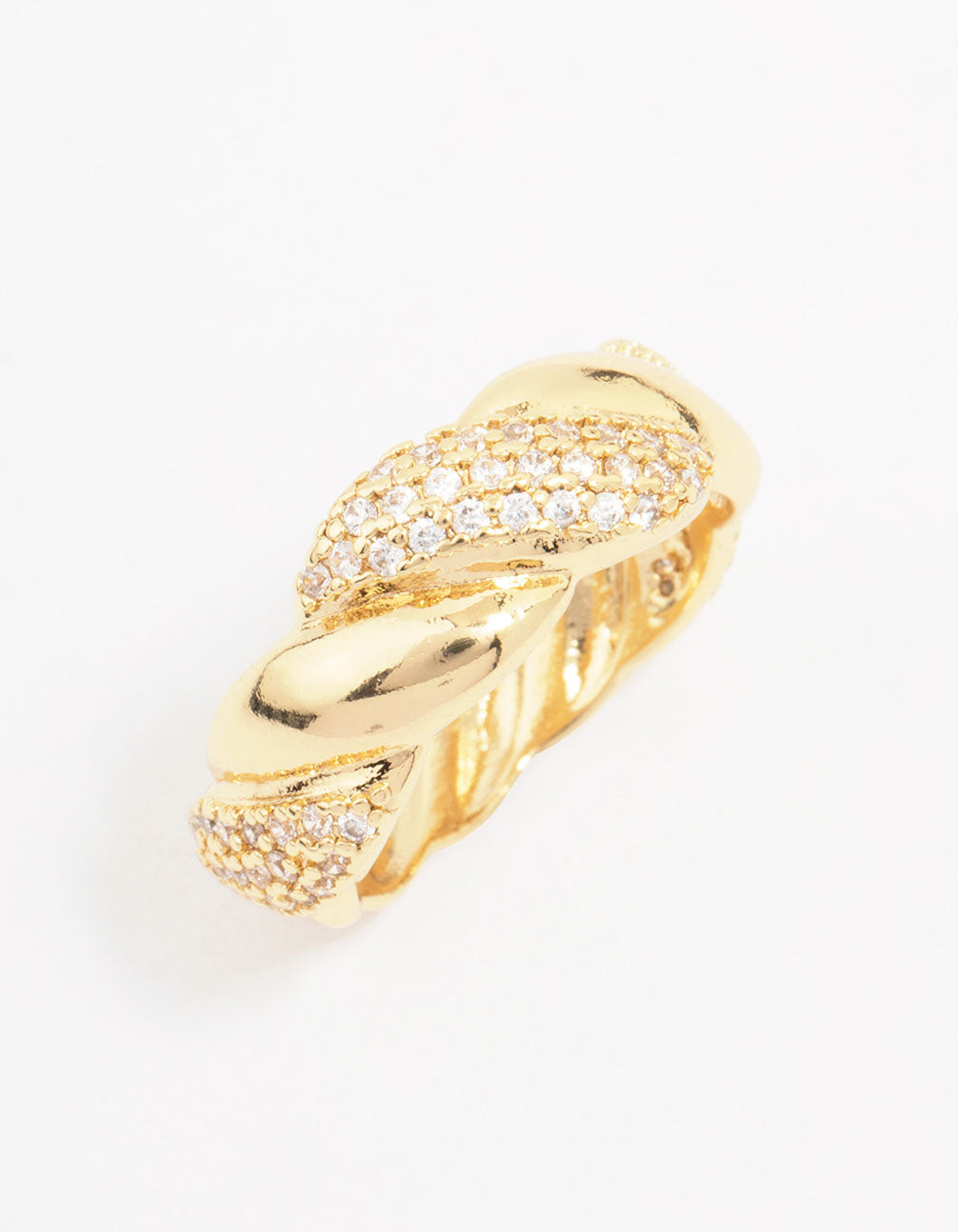 Showcasing a gold plated cubic zirconia braided ring side detail view
