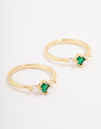 Showcasing gold plated dainty trio ring pack with emerald cut cubic zirconia stones front view - link has visual effect only