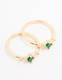 Beautifully crafted gold plated dainty trio ring pack with emerald cut cubic zirconia side detail view - link has visual effect only