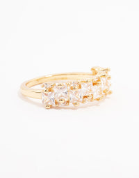 Showcasing a gold plated staggered cubic zirconia band ring with dainty design side detail view - link has visual effect only