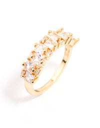 Elegant gold plated staggered cubic zirconia band ring featuring dainty craftsmanship in front view - link has visual effect only