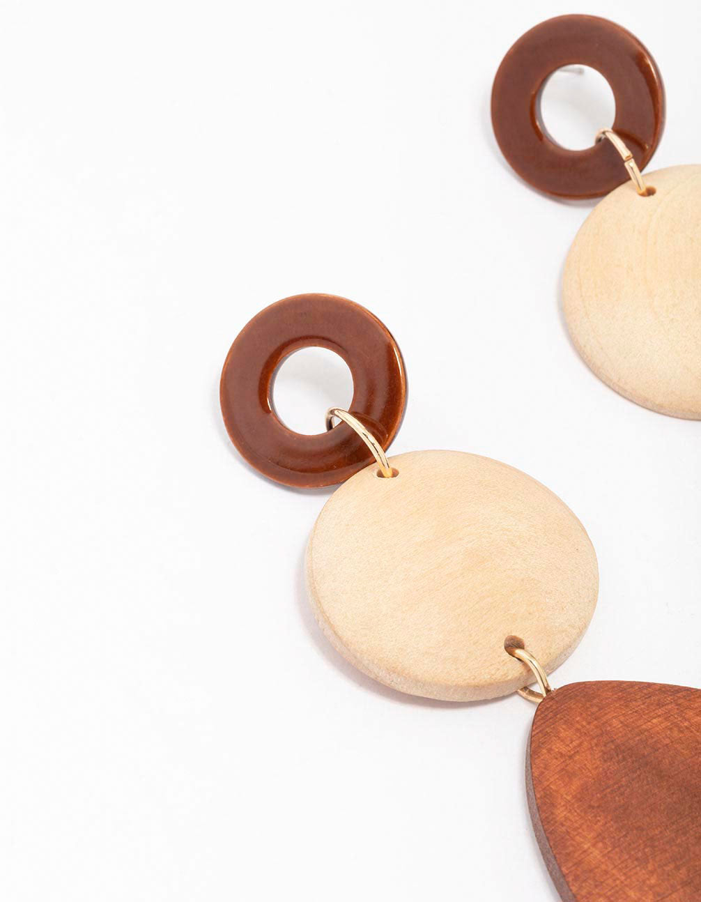 Gold Round Double Wooden Drop Earrings