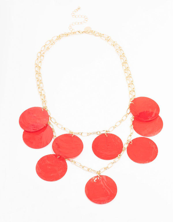 Gold & Red Genuine Shell Circular Layered Disc Necklace