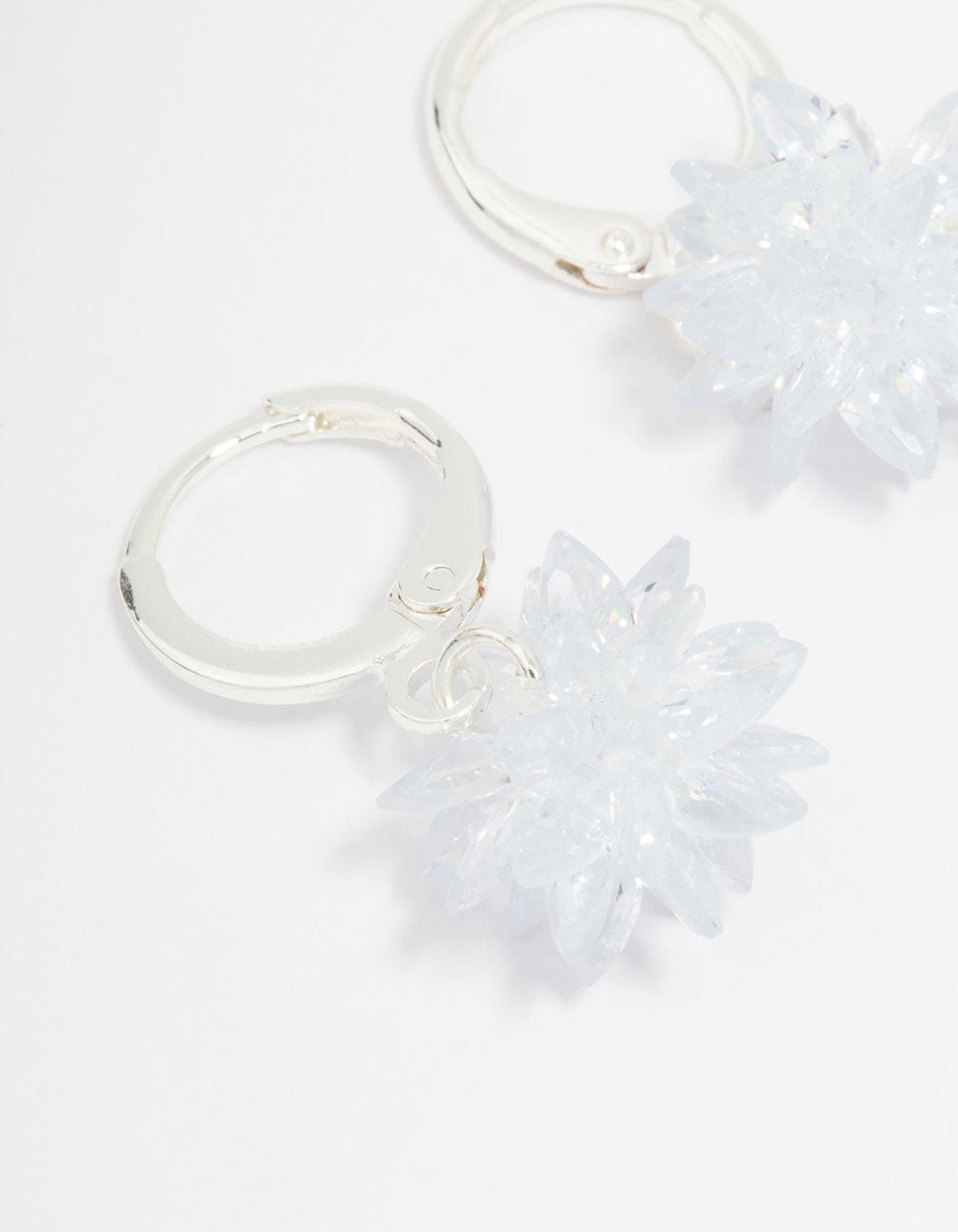 Silver Cubic Zirconia Spike Flower Huggie Hoop Earrings