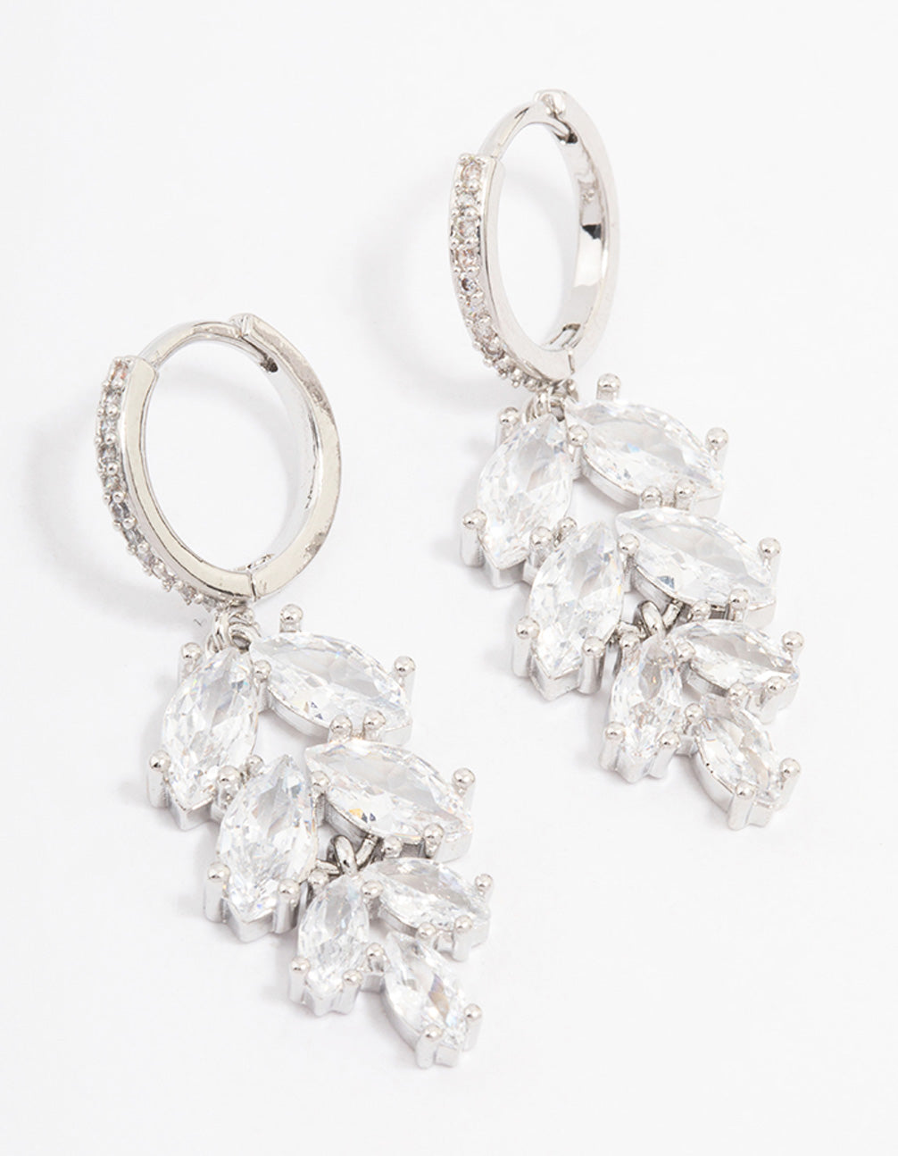 Silver Cubic Zirconia Leaf Huggie Drop Earrings