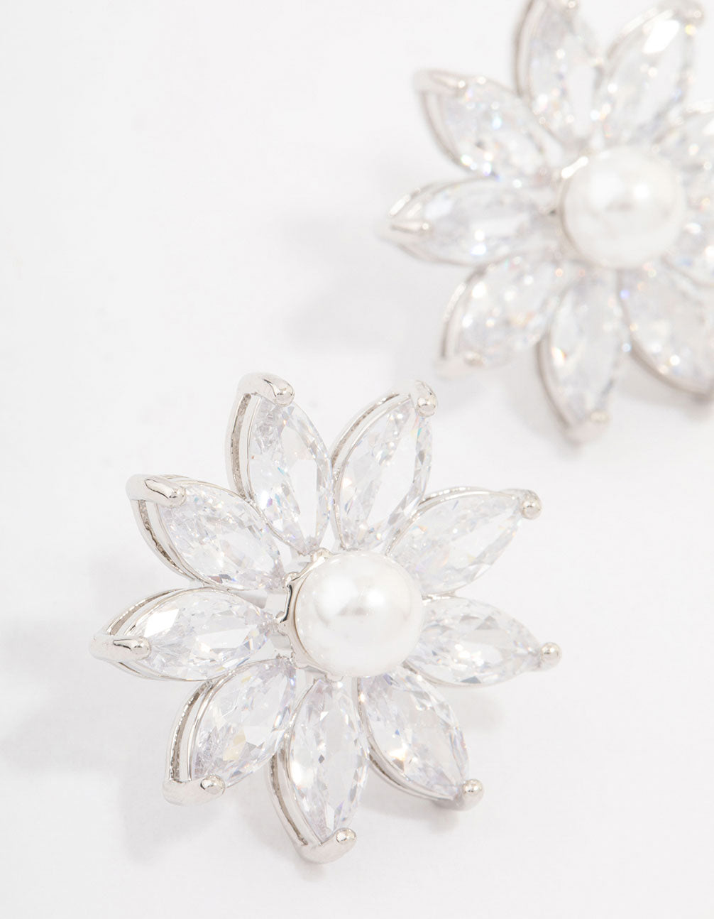 Silver Cubic Zirconia Flower & Pearl Stud Earrings