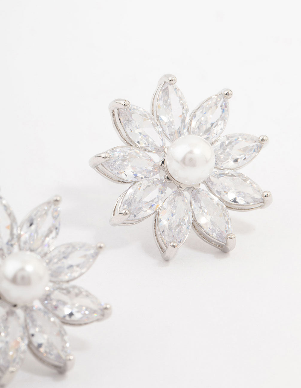 Silver Cubic Zirconia Flower & Pearl Stud Earrings