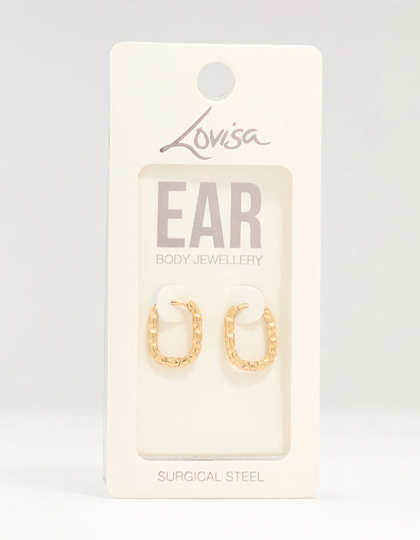 Gold Plated Surgical Steel Textured Square Oval Hoop Earrings