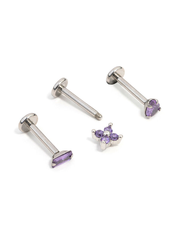 Surgical Steel Purple Marquise & Baguette Flat Back Earrings 3-Pack
