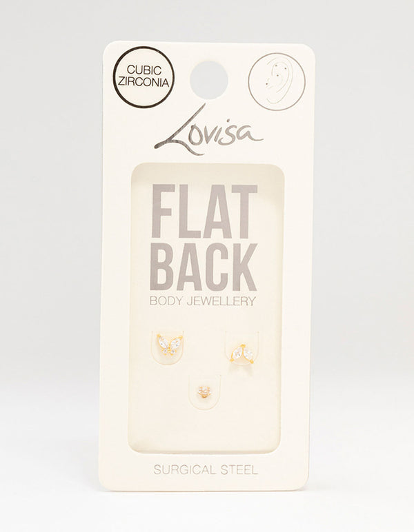 Gold Plated Surgical Steel Butterfly & Marquise Flat Back 3-Pack