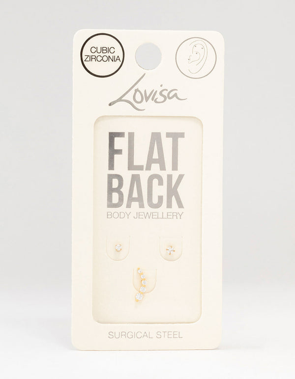 Gold Plated Surgical Steel Cubic Zirconia Crawler Flat Backs 3-Pack