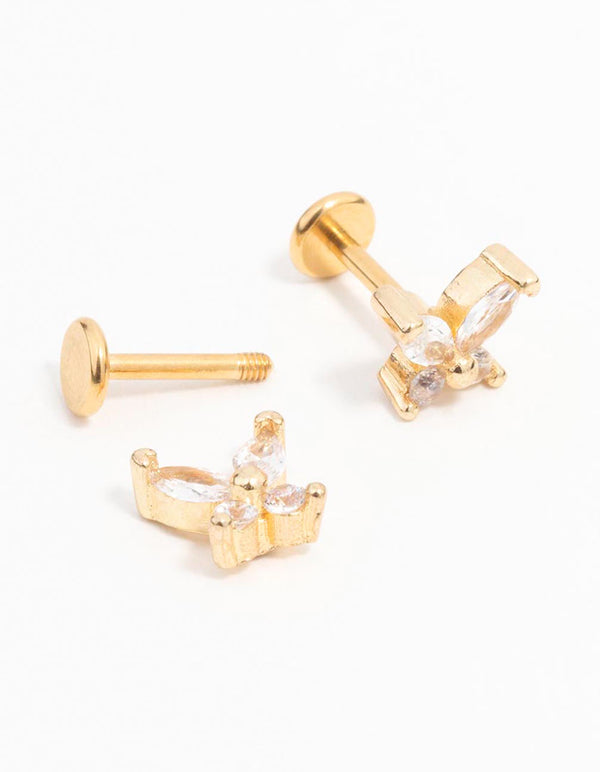 Gold Plated Surgical Steel Cubic Zirconia Butterfly Flat Back 2-Pack