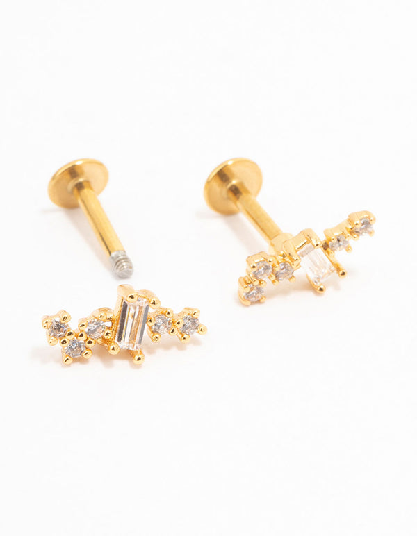 Gold Plated Surgical Steel Baguette Rounded Cubic Zirconia Flat Backs 2-Pack