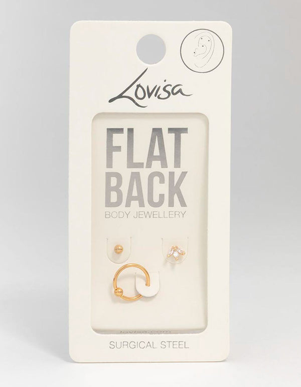 Gold Plated Surgical Steel Marquise & Ball Flat Back Earrings 3-Pack