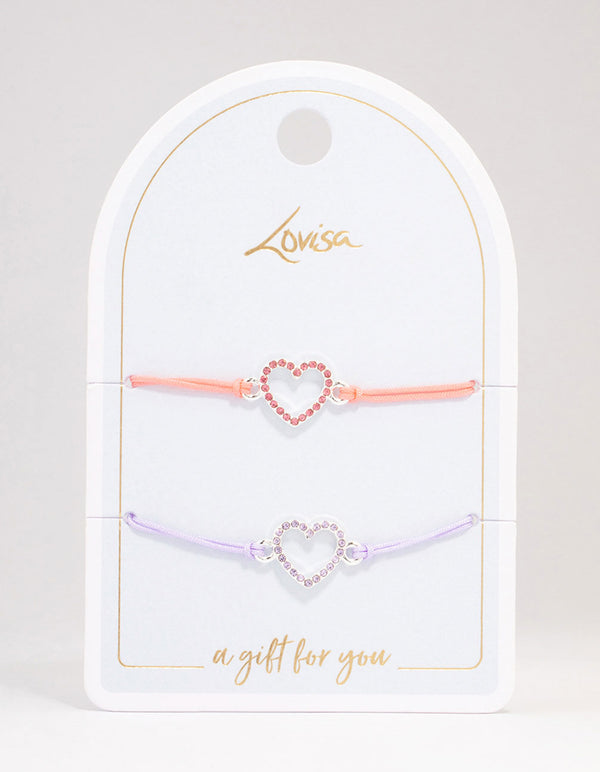 Pink & Purple Diamante Heart Cord Bracelet Pack