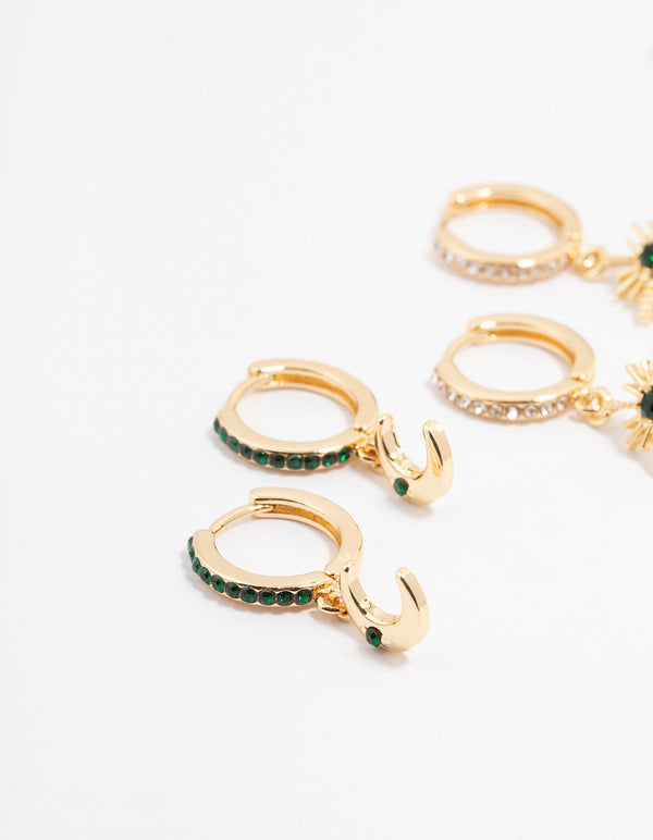 Gold Plated Emerald Celestial Huggie Earrings 3-Pack
