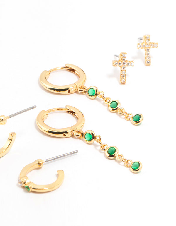 Gold Plated Emerald Cross & Round Drop Earrings 4-Pack