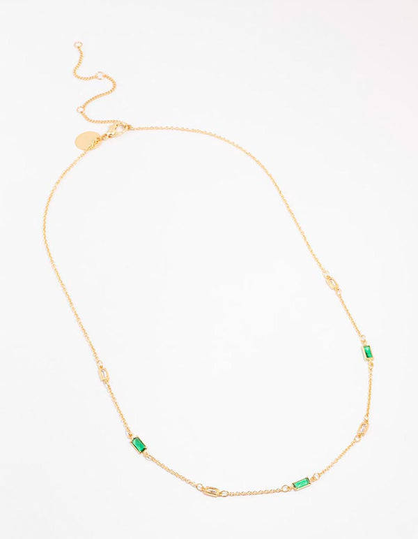 Gold Plated Emerald Baguette Station Necklace