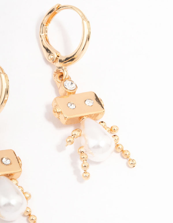 Gold Pearl Robot Huggie Hoop Earrings