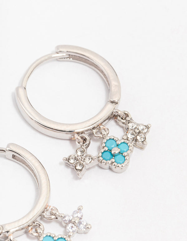 Silver Fine Triple Row Flower Huggie Hoop Earrings