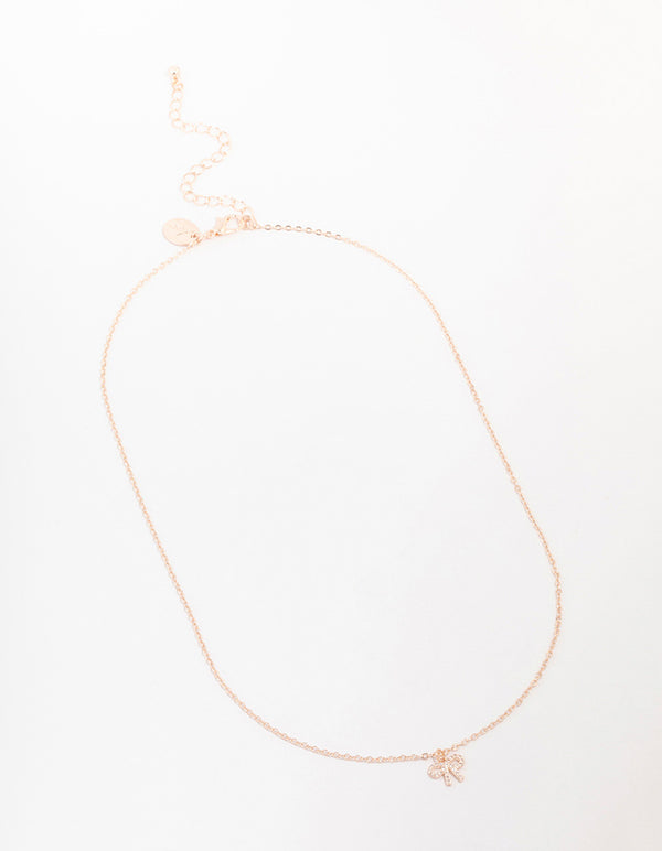 Rose Gold Cubic Zirconia Diamante Bow Pendant Necklace