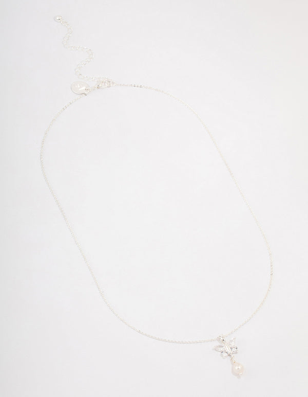Silver Cubic Zirconia Flower Pearl Pendant Necklace