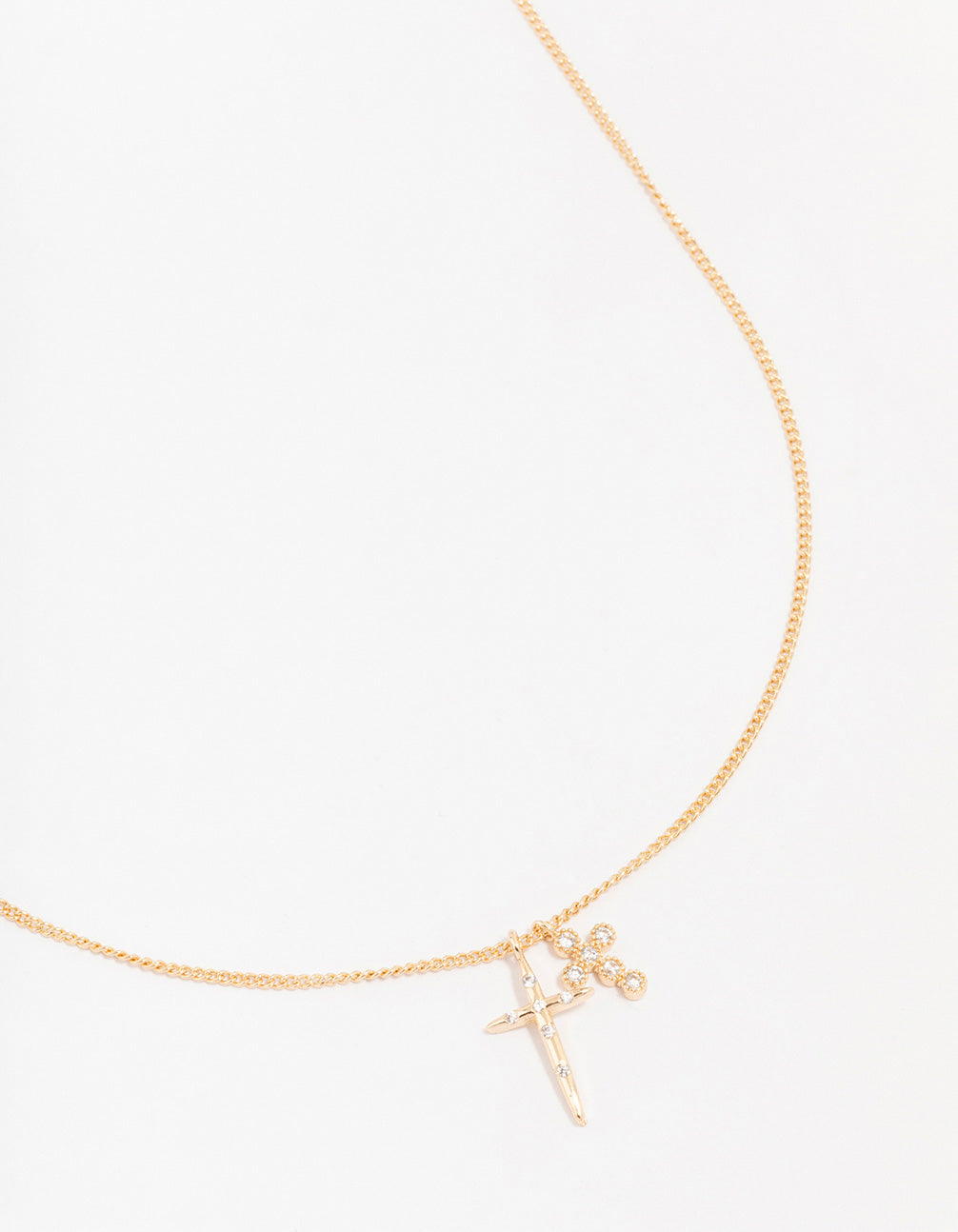 Gold Cubic Zirconia Double Cross Pendant Necklace