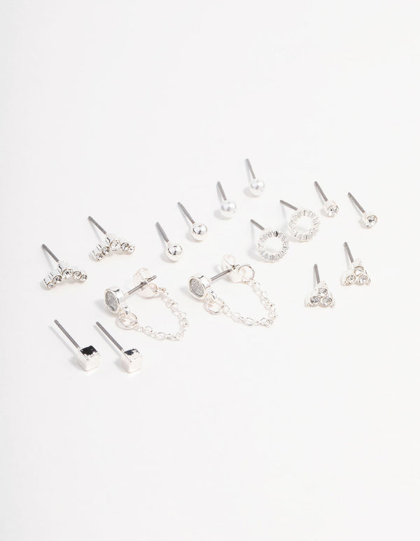 Silver Stud Chain Diamante Earring 8-Pack