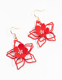 Red Gold Wire Pearl Flower Drop Earrings - link has visual effect only