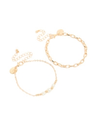 Gold Chain Link & Pearl Bracelets 2-Pack - link has visual effect only