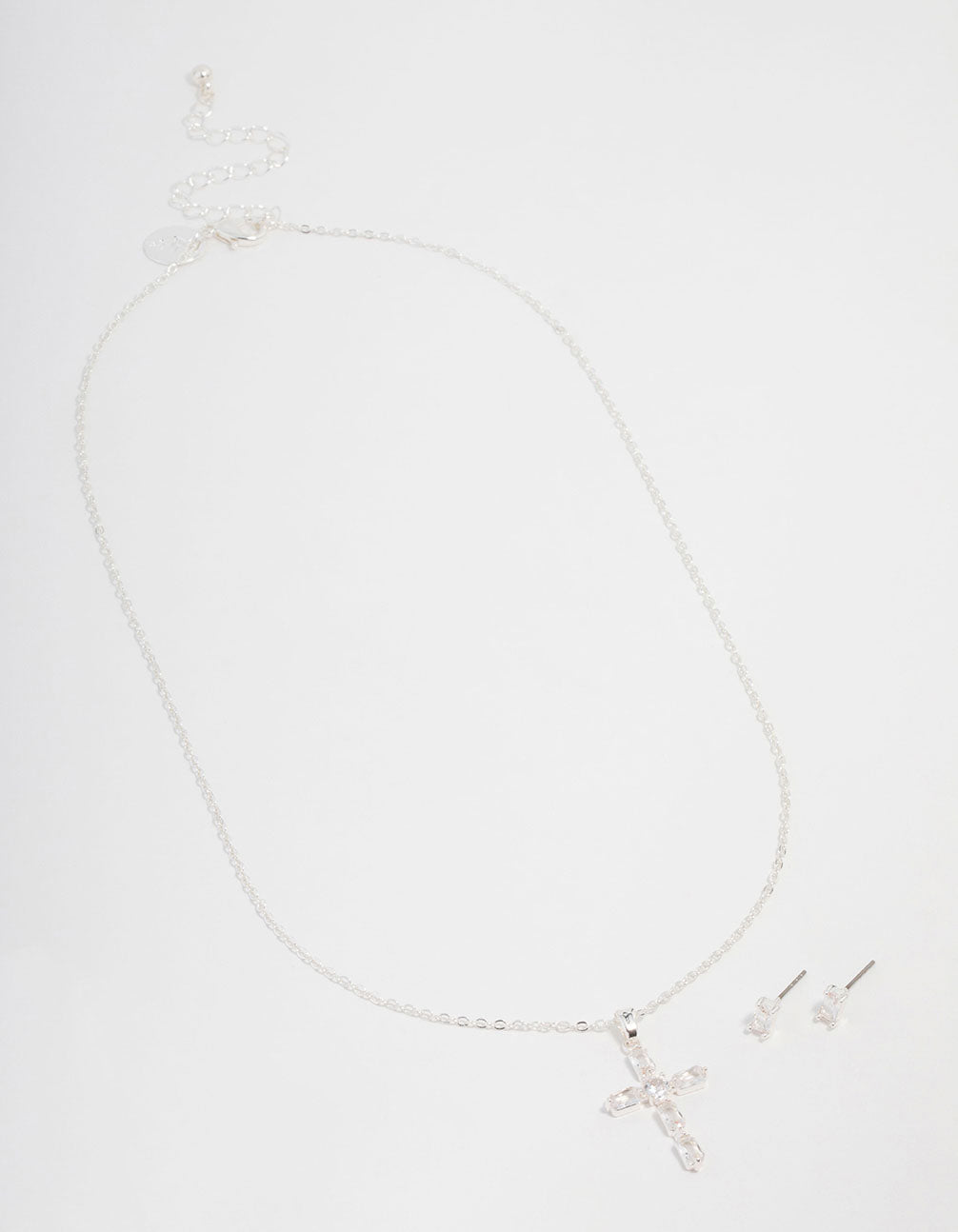 Silver Plated Diamante Cross Necklace & Stud Earrings Set
