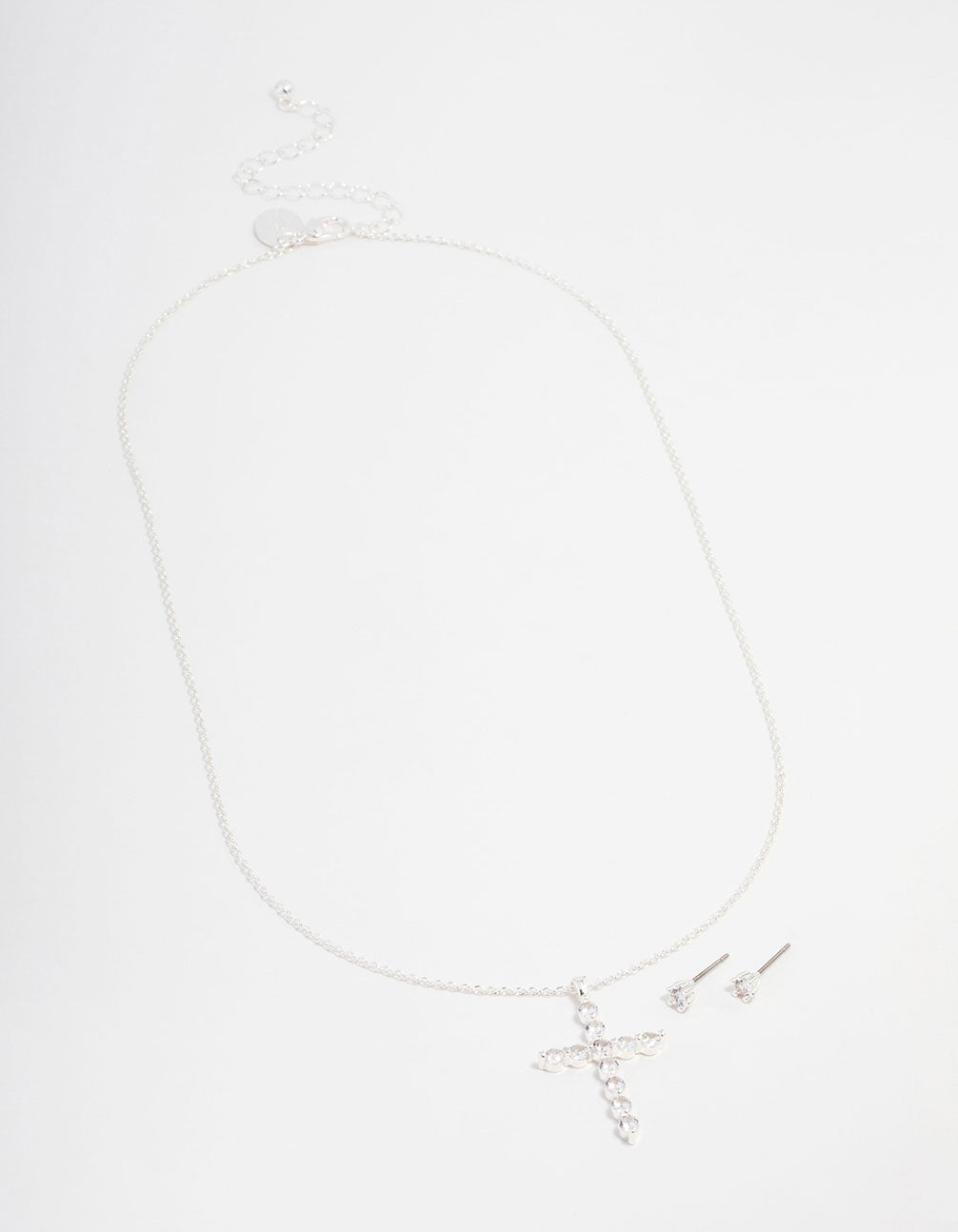 Silver Plated Cubic Zirconia Round Cross Necklace & Stud Earrings Set