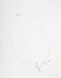 Silver Plated Cubic Zirconia Round Cross Necklace & Stud Earrings Set - link has visual effect only