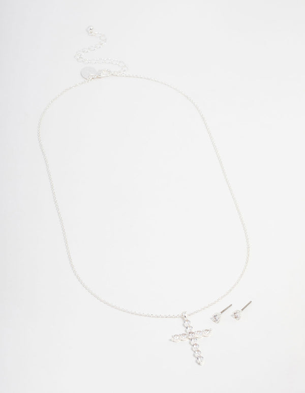 Silver Plated Cubic Zirconia Round Cross Necklace & Stud Earrings Set