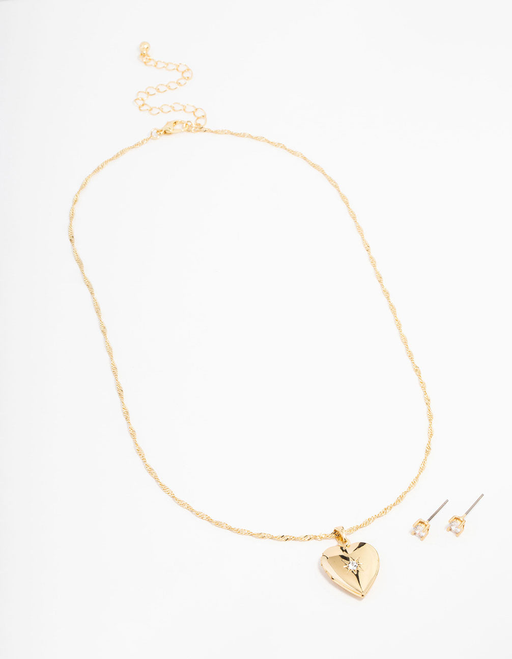 Gold Plated Cubic Zirconia Heart Locket Necklace & Stud Earrings Set