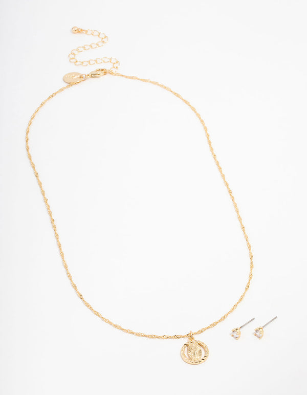 Gold Plated Cubic Zirconia Mary Round Necklace & Stud Earrings Set