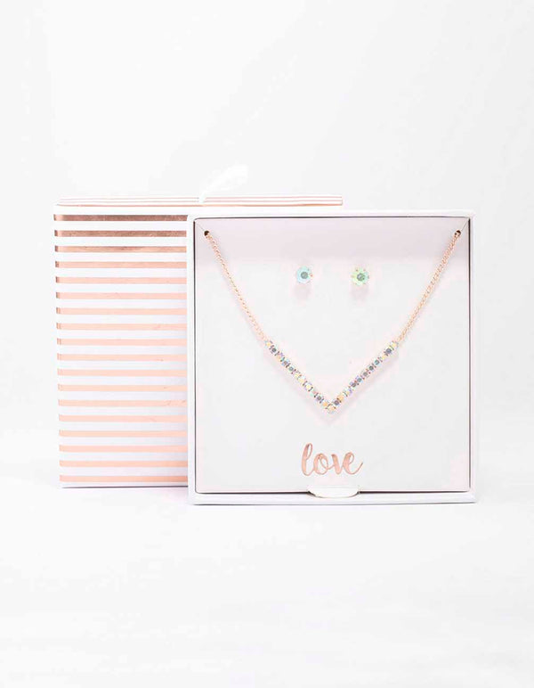 Rose Gold Cubic Zirconia V-Necklace & Stud Earrings Pack