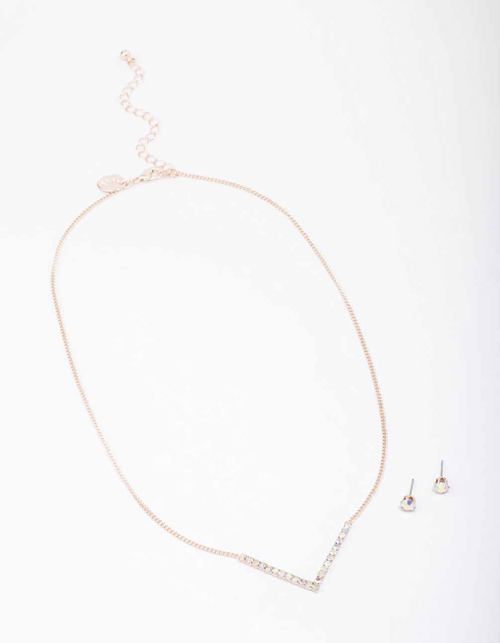 Rose Gold Cubic Zirconia V-Necklace & Stud Earrings Pack