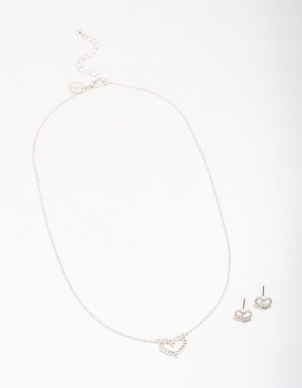 Silver Open Diamante Heart Necklace & Stud Earrings Set