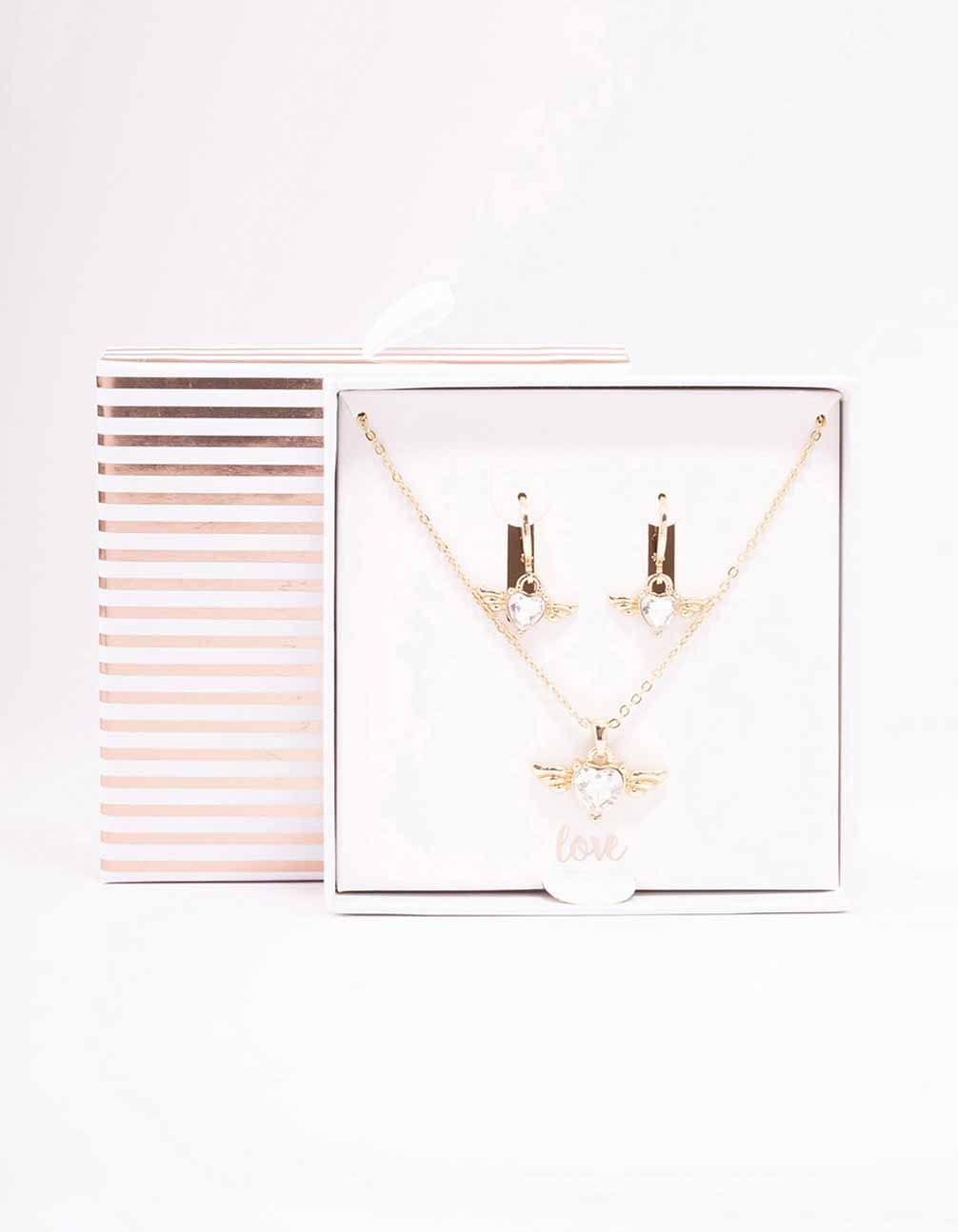 Gold Heart & Wings Necklace & Huggie Earrings Set