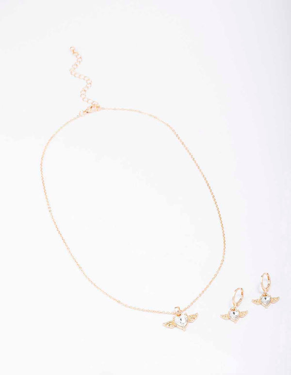 Gold Heart & Wings Necklace & Huggie Earrings Set