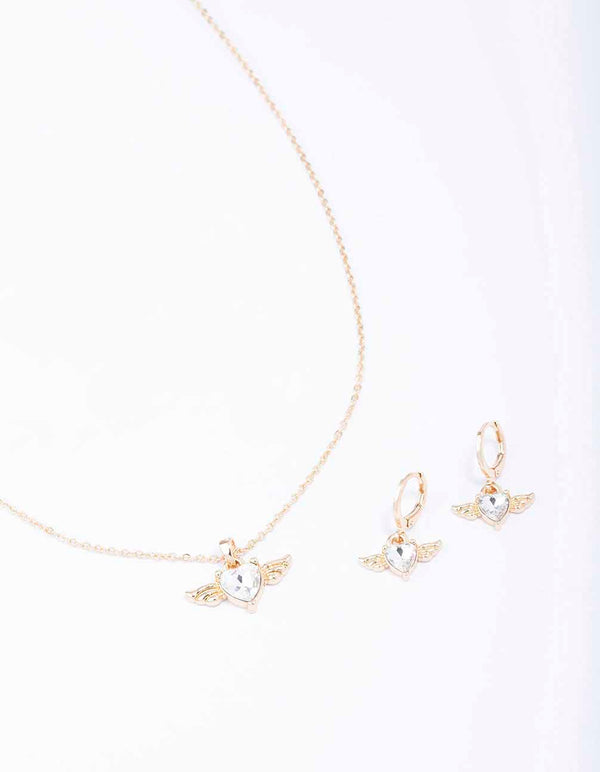 Gold Heart & Wings Necklace & Huggie Earrings Set
