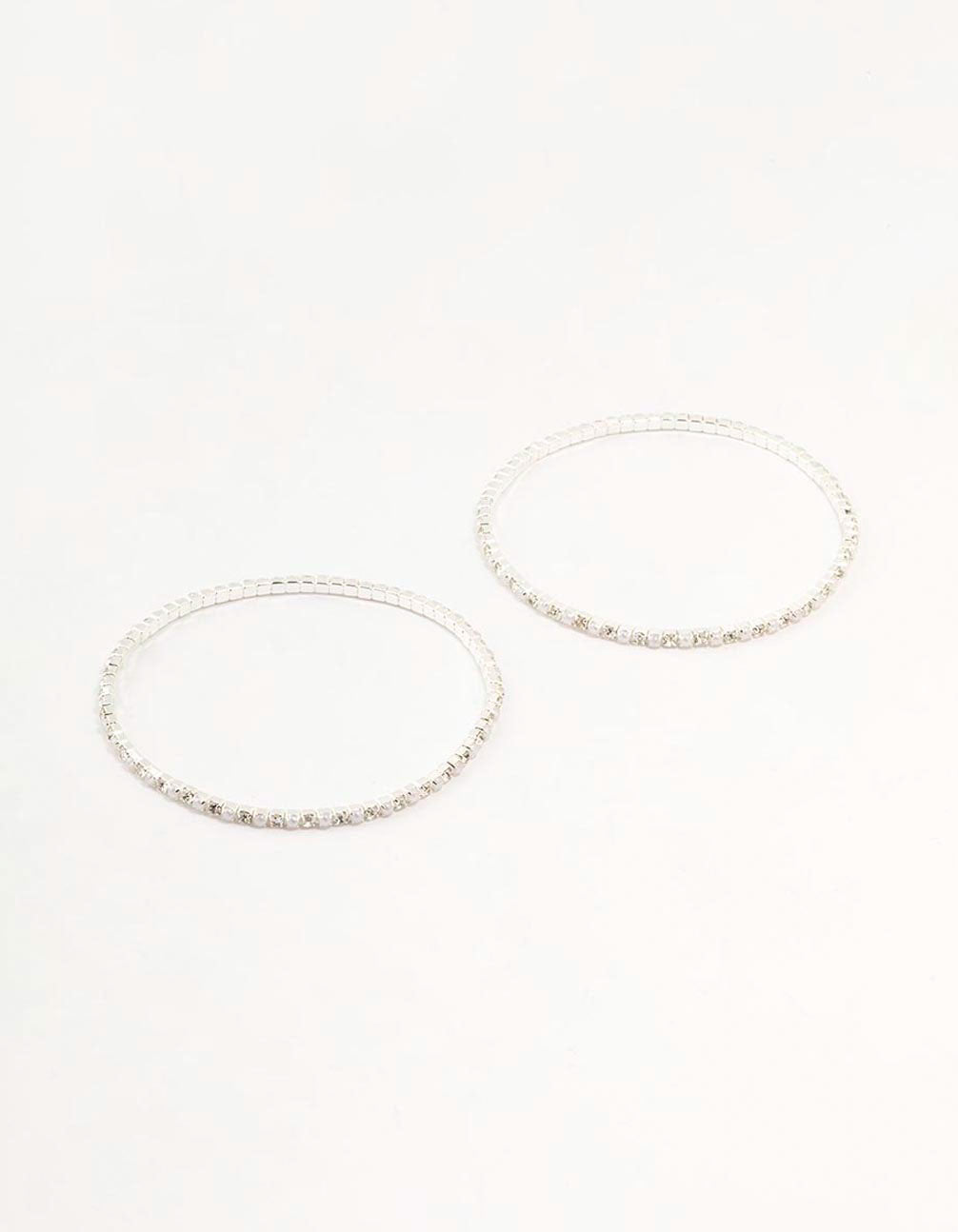 Silver Plated Alternating Mini Cubic Zirconia & Pearl Bracelets 2-Pack
