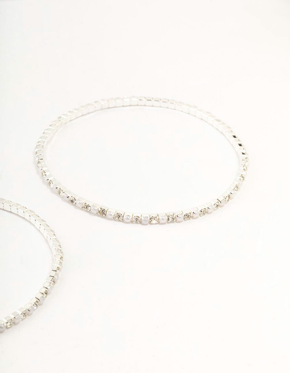 Silver Plated Alternating Mini Cubic Zirconia & Pearl Bracelets 2-Pack